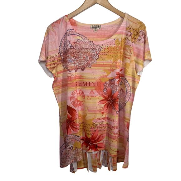 One World Top Women XL Gemini Pink Orange Astrology Floral Bling High Low Spring - Picture 1 of 9